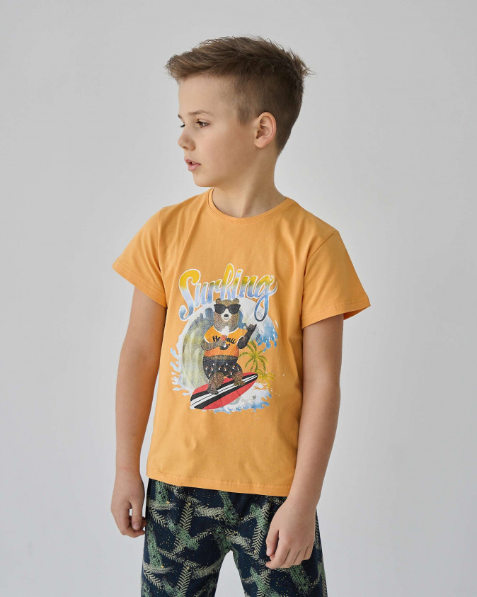 Підлітковий комплект з шортами на хлопчика - Ведмідь на серфі - Family look батько/син