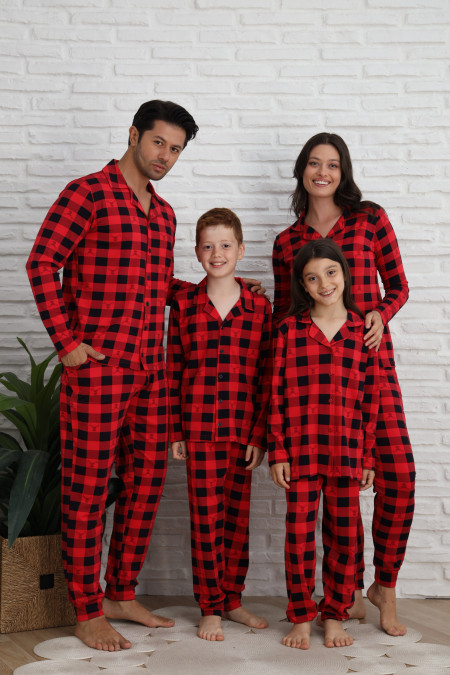 Підліткова піжама для хлопчика - Червона клітинка з оленем - Family look для родини