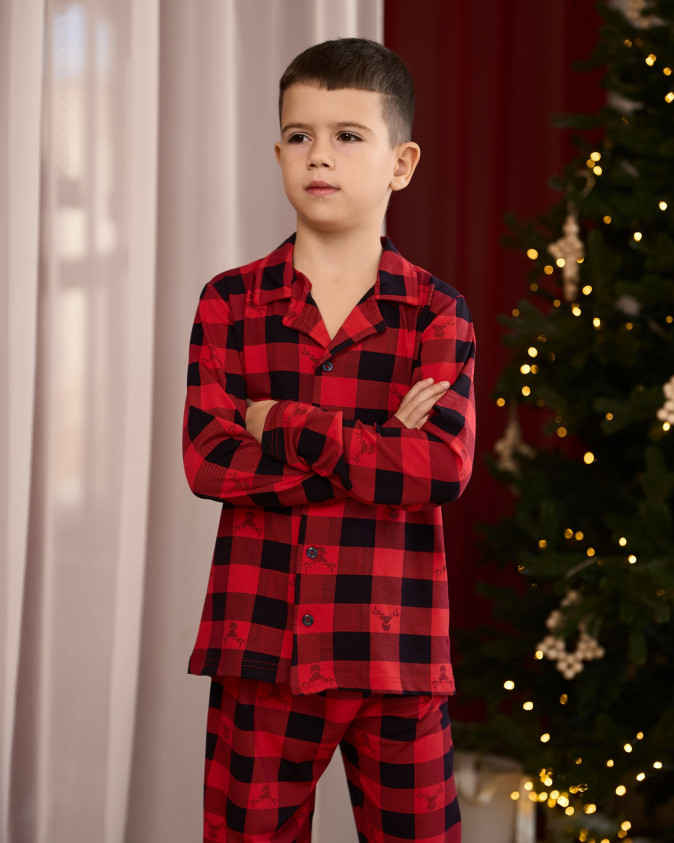 Підліткова піжама для хлопчика - Червона клітинка з оленем - Family look для родини