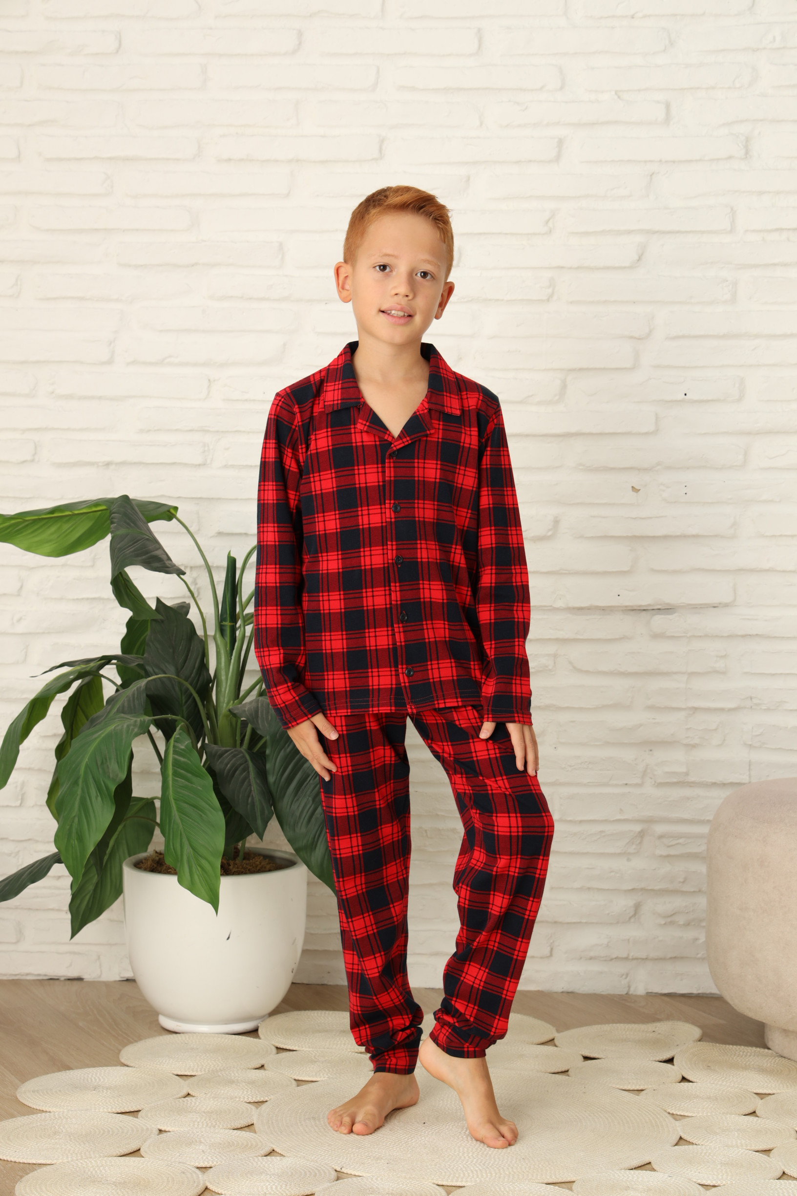 Подростковая пижама для мальчика - сине-красная клетка - Family look для семьи