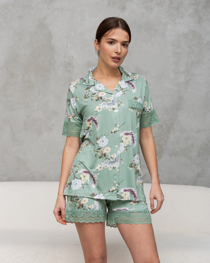 Комплект з рубашкою і шортами - Квіти - Віскоза
