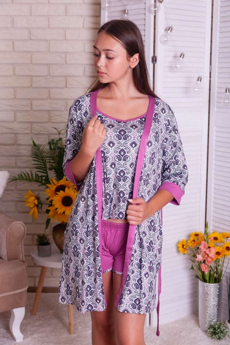 Комплект 3-ка с узорами - Халат, майка шорты - Вискоза