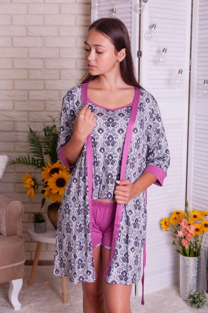 Комплект 3-ка с узорами - Халат, майка шорты - Вискоза