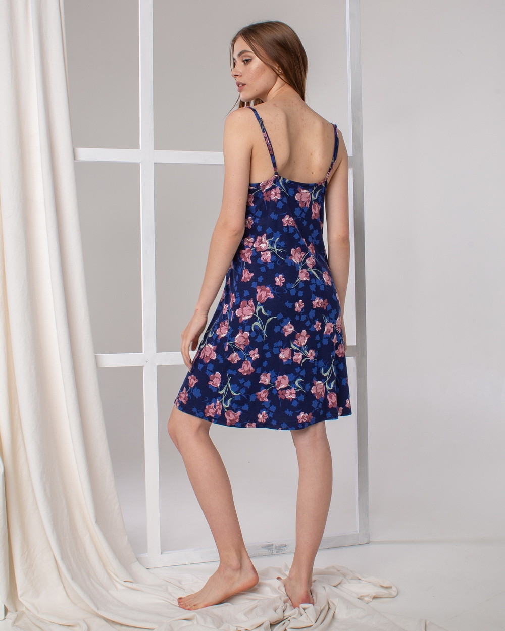 Комплект с халатиком и сорочкой - синий с цветами