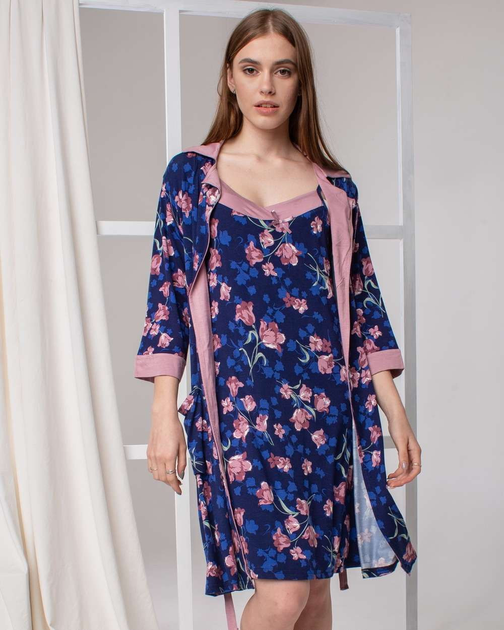 Комплект с халатиком и сорочкой - синий с цветами