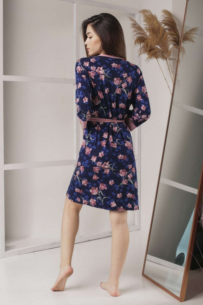 Віскозний халат, темно-синій з квітами