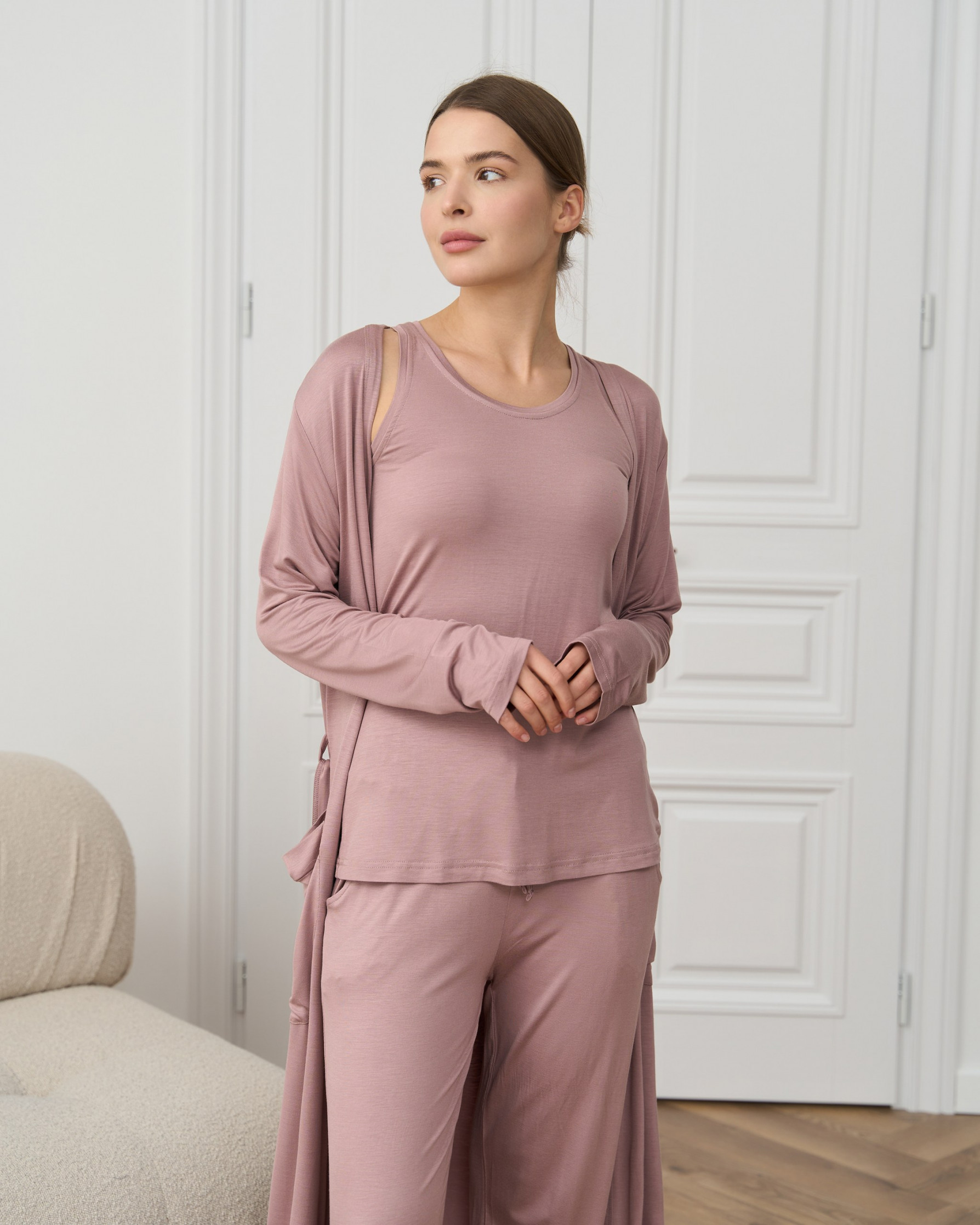 Комплект-тройка однотонный майка, штаны и халат - вискоза