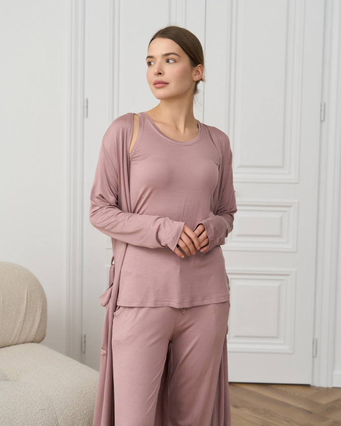 Комплект-трійка однотонний майка, штани і халат - віскоза