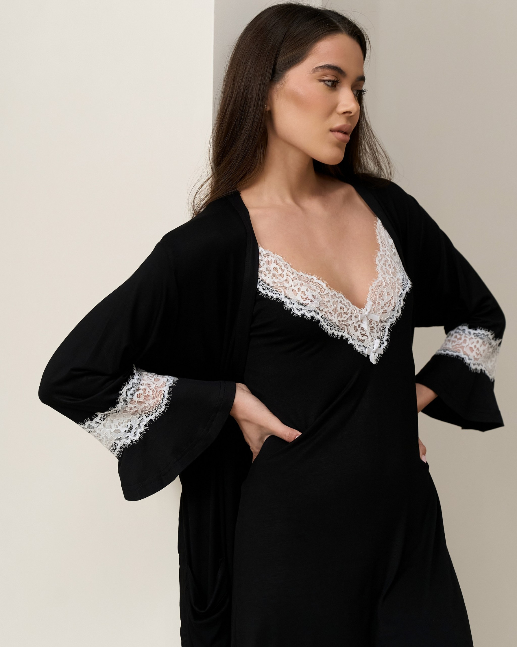 Комплект сорочка з халатом, Віскоза - із мереживом