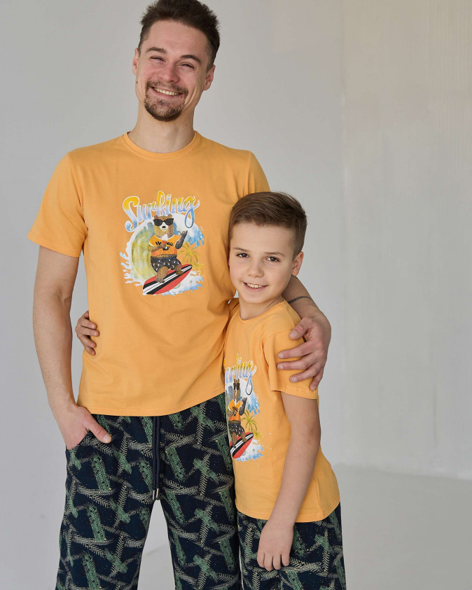 Мужской комплект с шортами - Мишка на серфе - Family look папа/сын