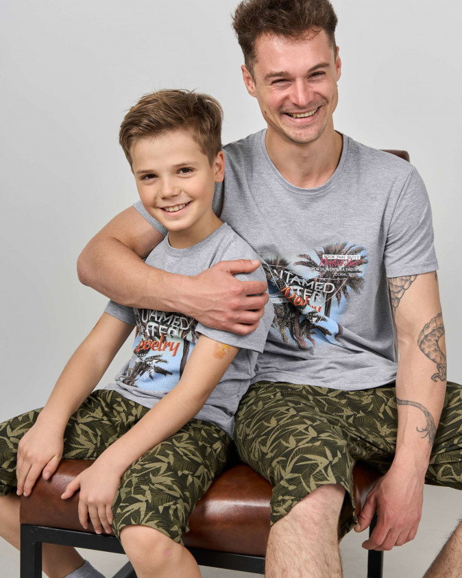Мужской комплект с шортами хаки - листья - Family look папа/сын