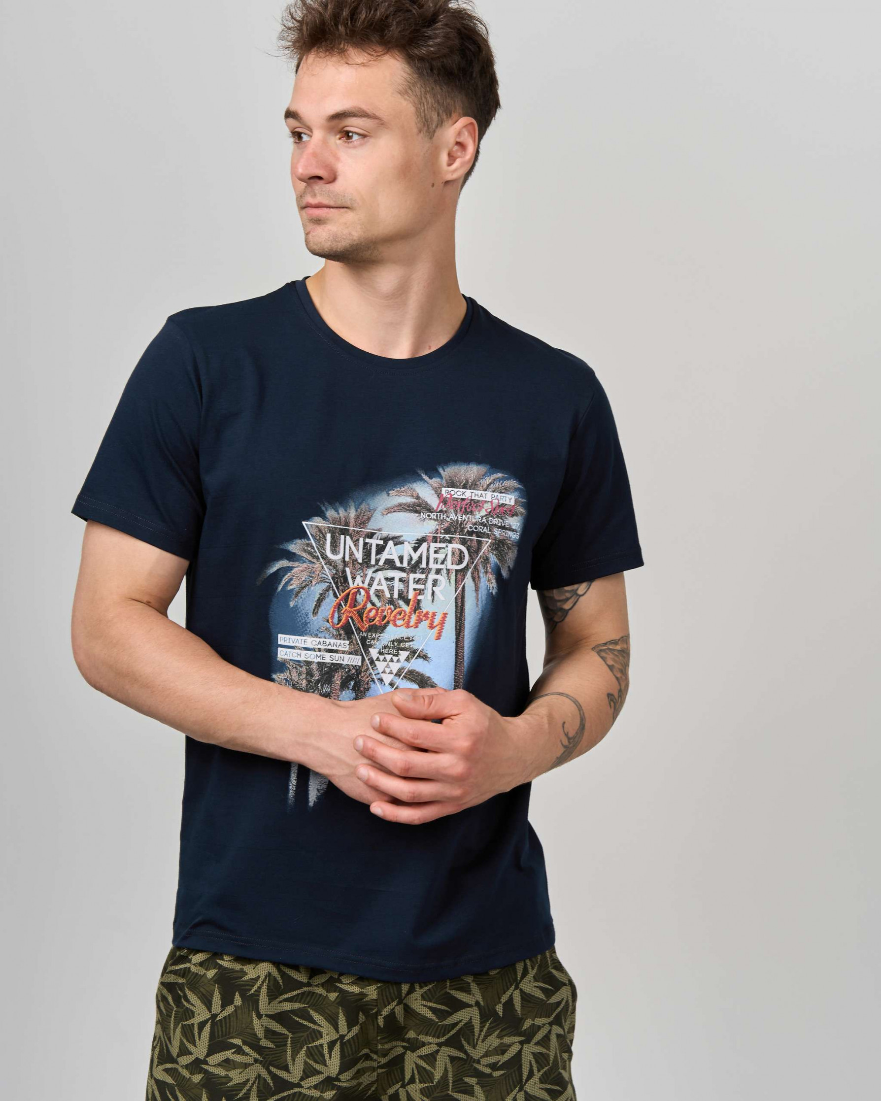 Чоловічий комплект з шортами хакі - листя - Family look батько/син