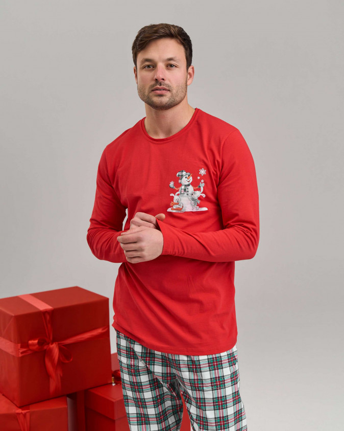 Чоловічий комплект зі штанами в клітинку - Сніговик - Family look для пари