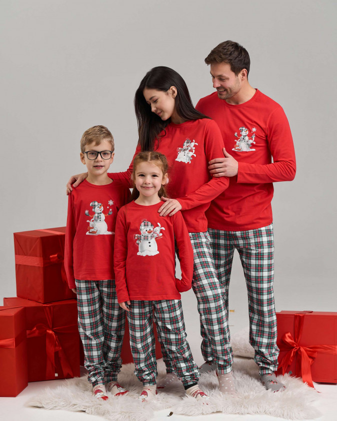 Чоловічий комплект зі штанами в клітинку - Сніговик - Family look для пари