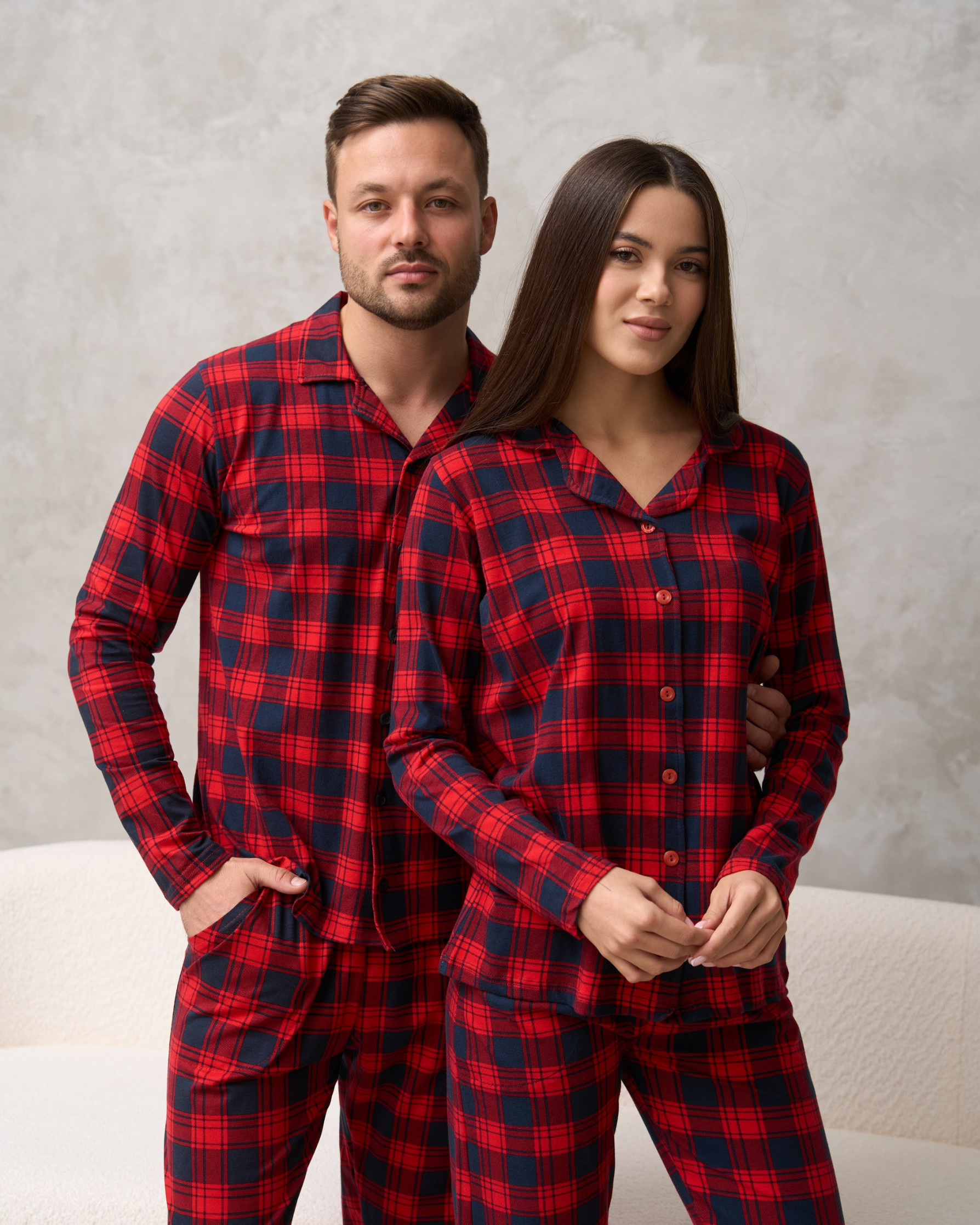 Мужская пижама на пуговицах - сине-красная клетка - Family look для семьи