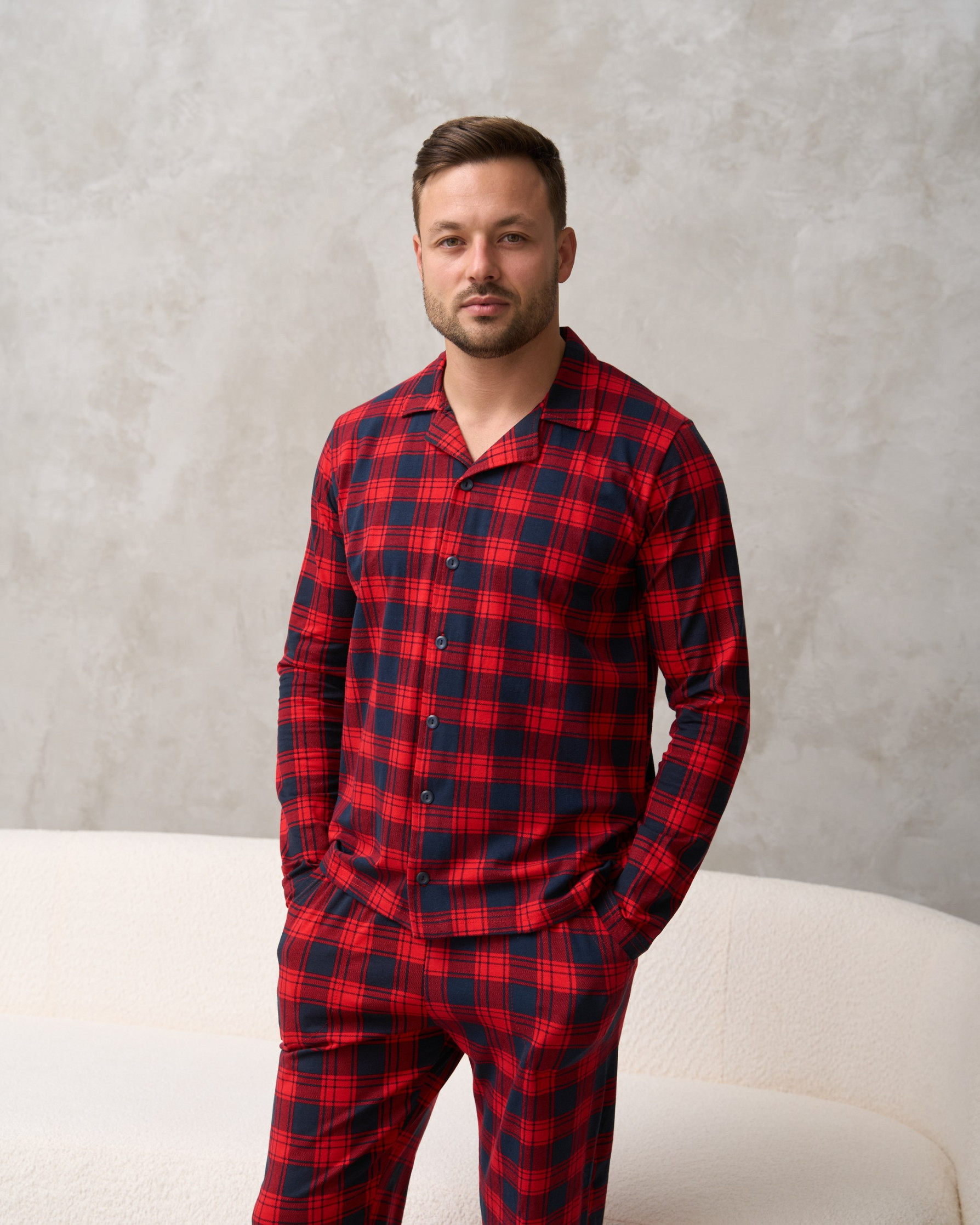 Мужская пижама на пуговицах - сине-красная клетка - Family look для семьи