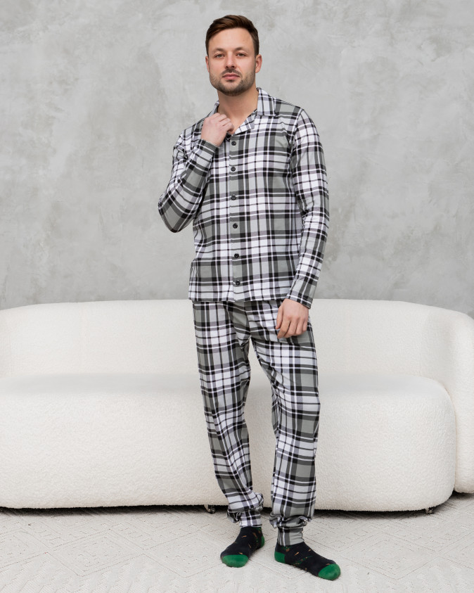 Чоловічий комплект на ґудзиках - сірий хакі у клітинку