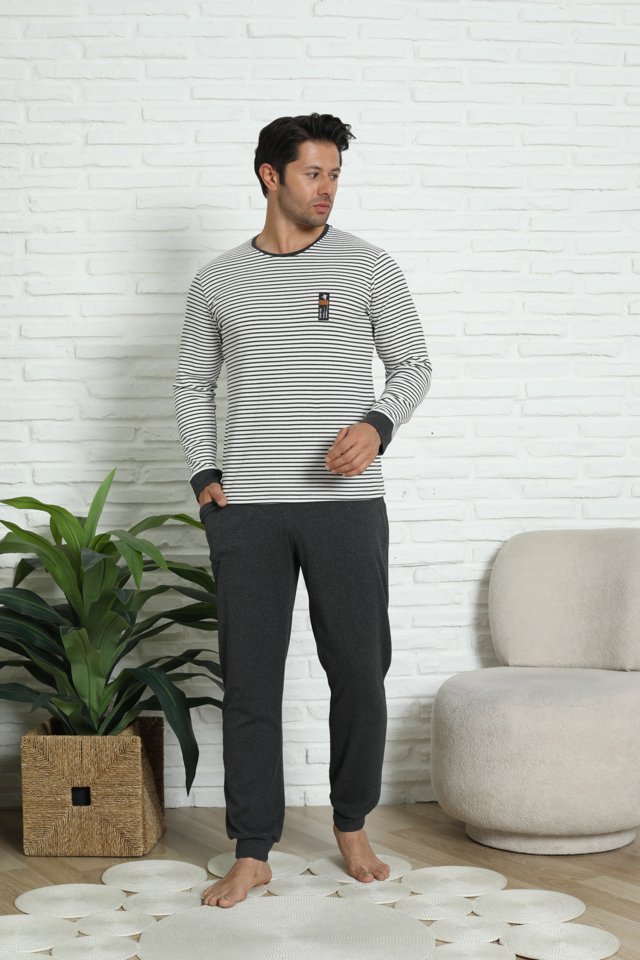 Мужской комплект со штанами - Полоски - в рубчик