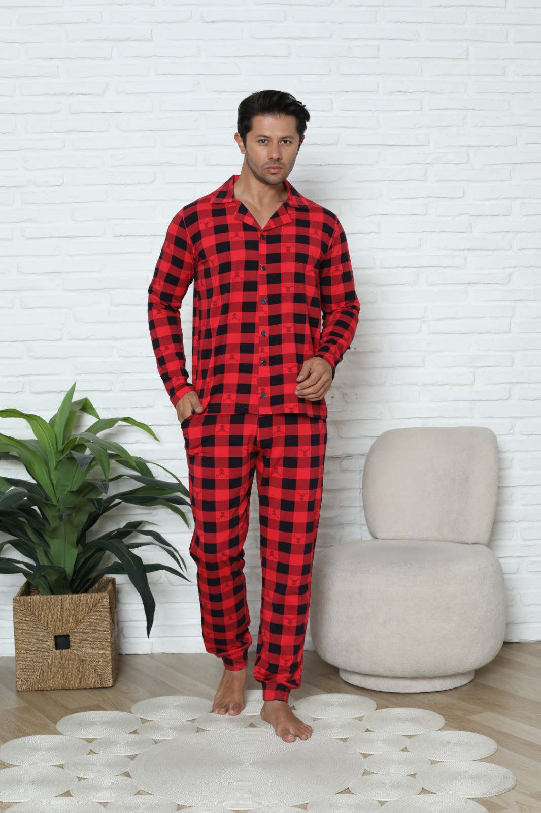 Мужской комплект со штанами - Красная клетка с оленем - Family look для семьи