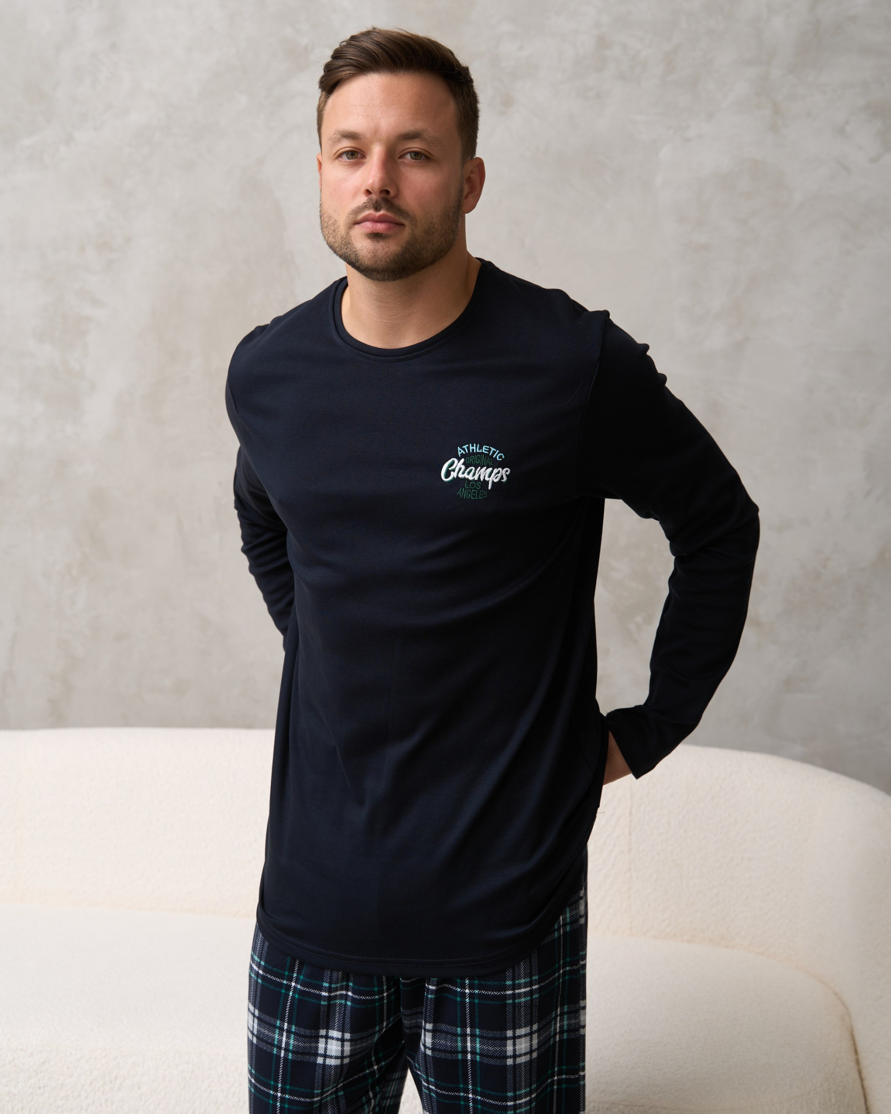 Мужской комплект со штанами в клетку - батал - Интерлок