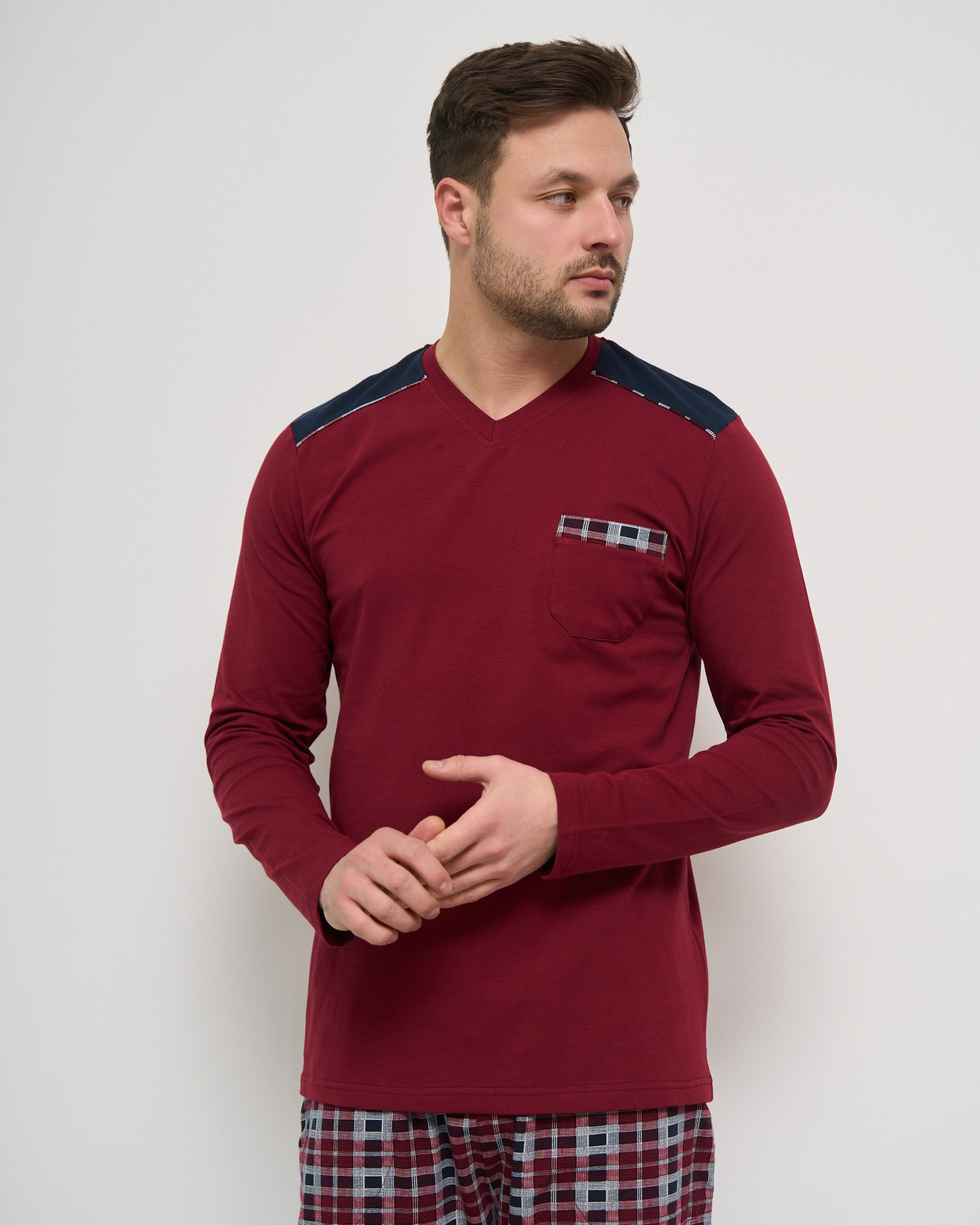 Мужской комплект со штанами в клетку Plus Size - бордо