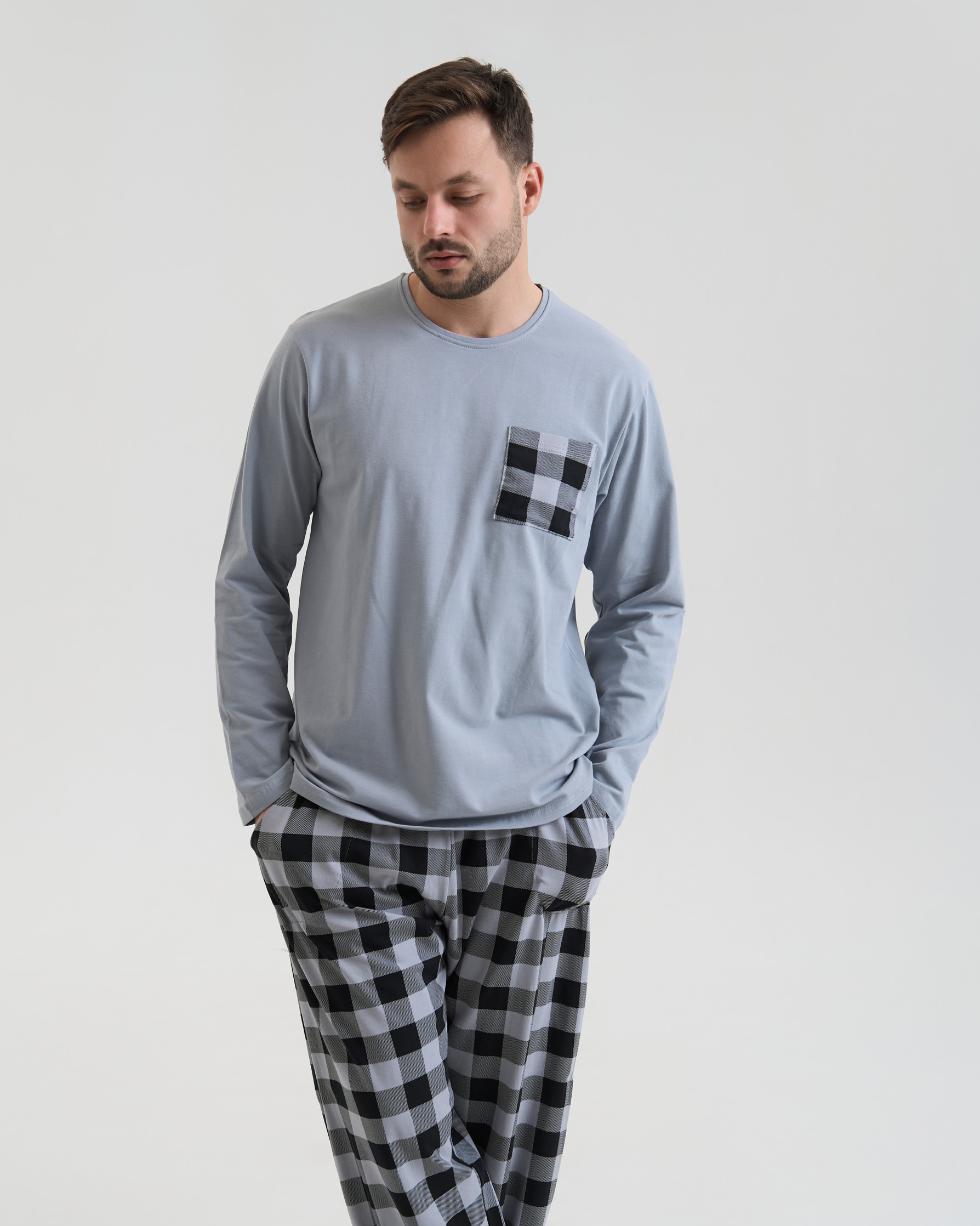 Мужской комплект штаны в клетку Plus Size - карман на кофте