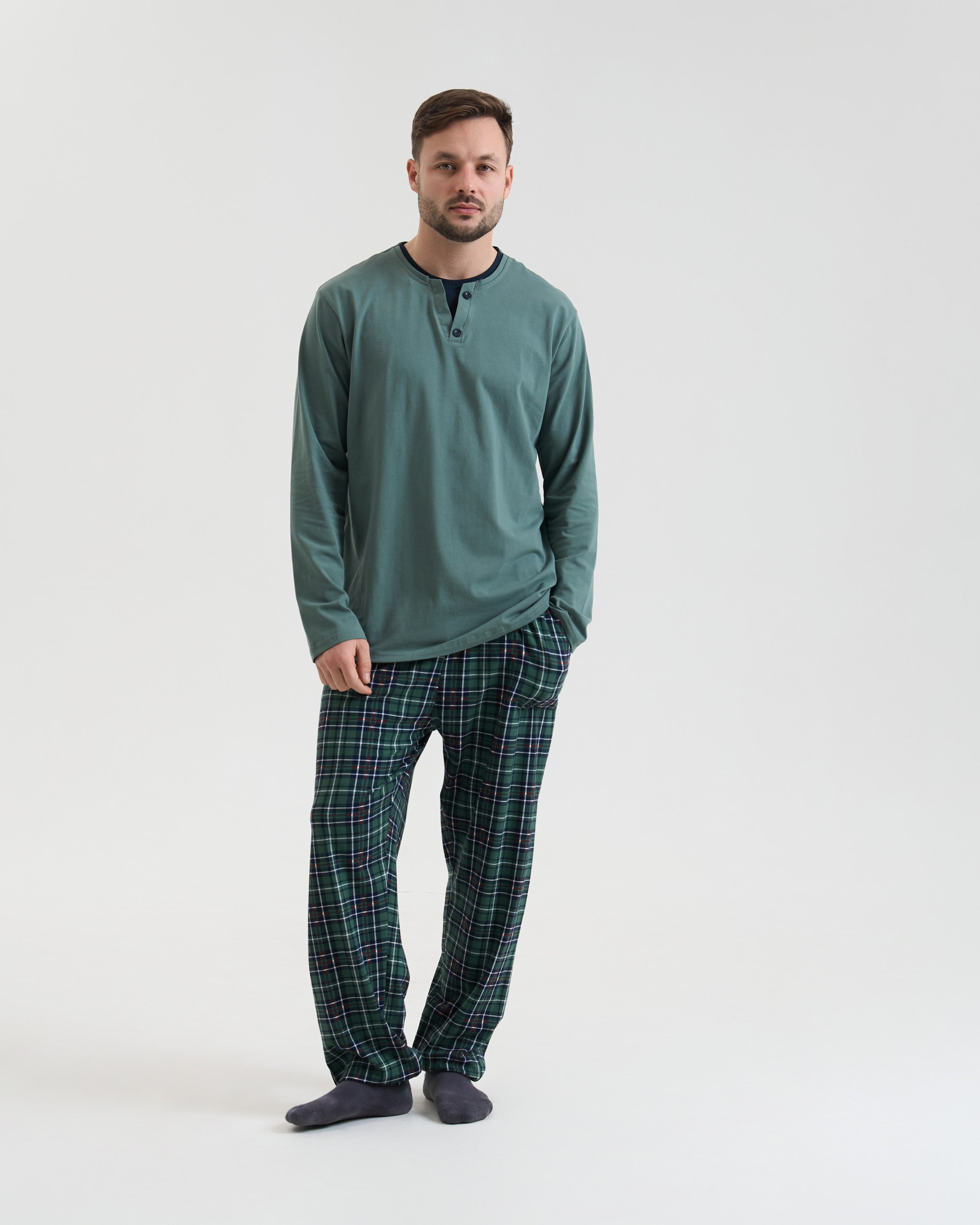 Мужской комплект со штанами в клетку Plus Size - хаки