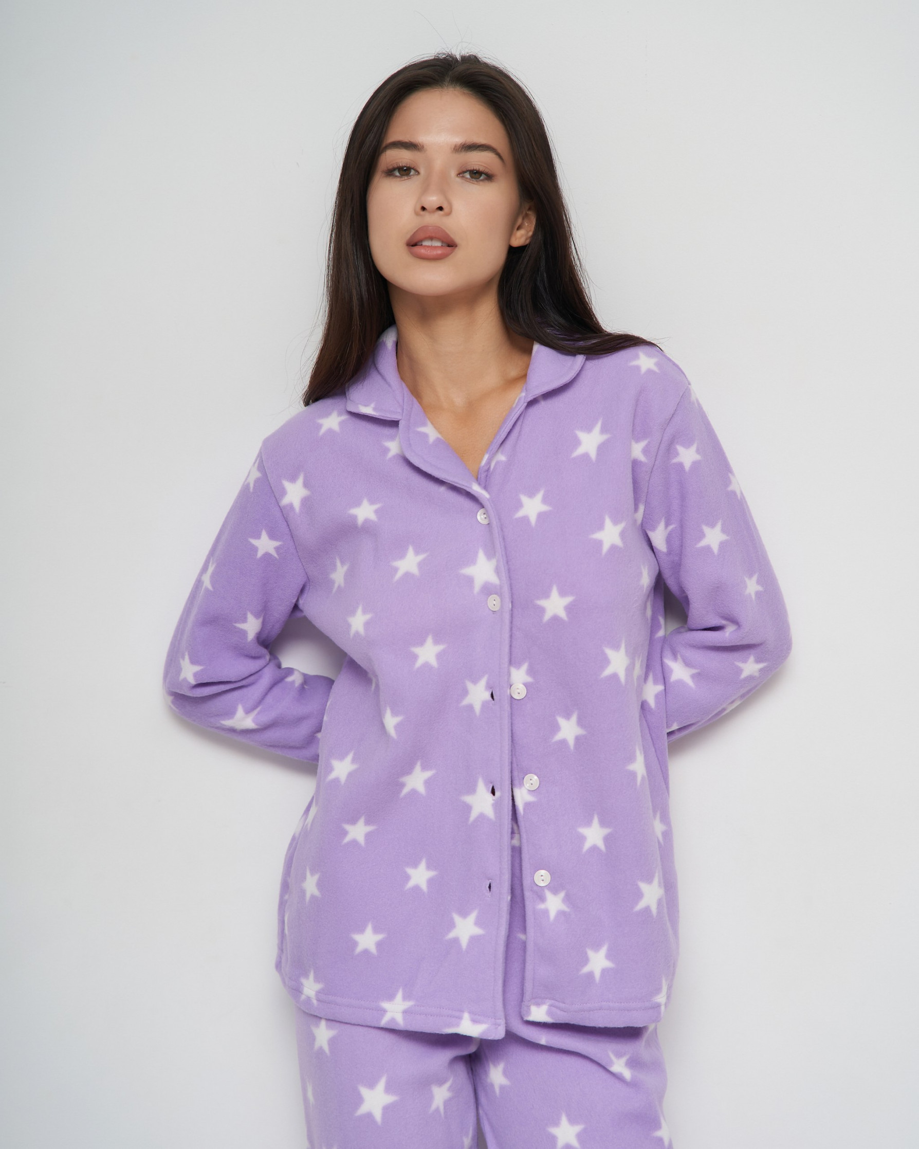 Жіночий костюм на ґудзиках зі штанами Фліс - бузковий із зірочками