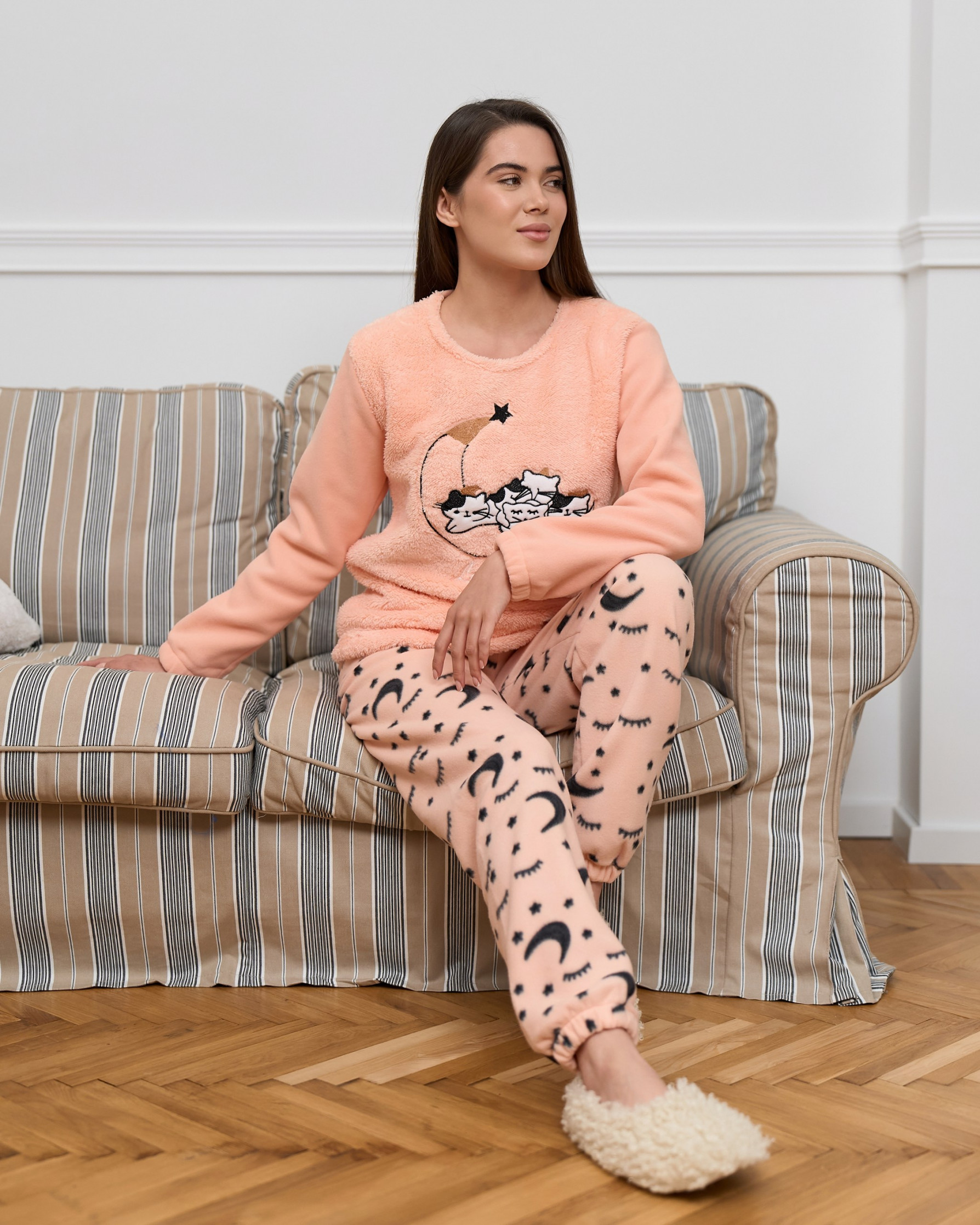 Жіночий костюм зі штанами Фліс+Велюрсофт- Коти на місяці