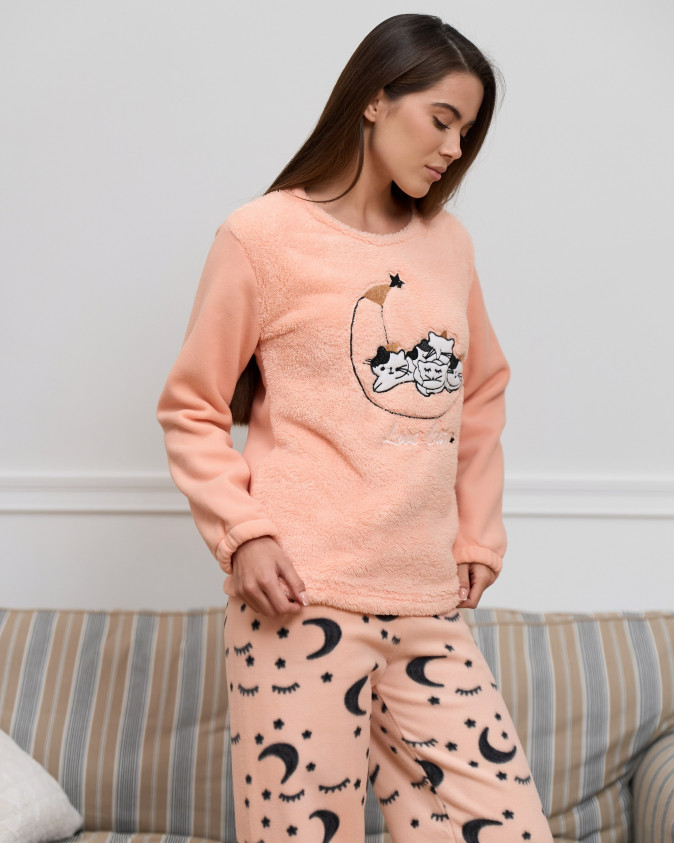 Жіночий костюм зі штанами Фліс+Велюрсофт- Коти на місяці