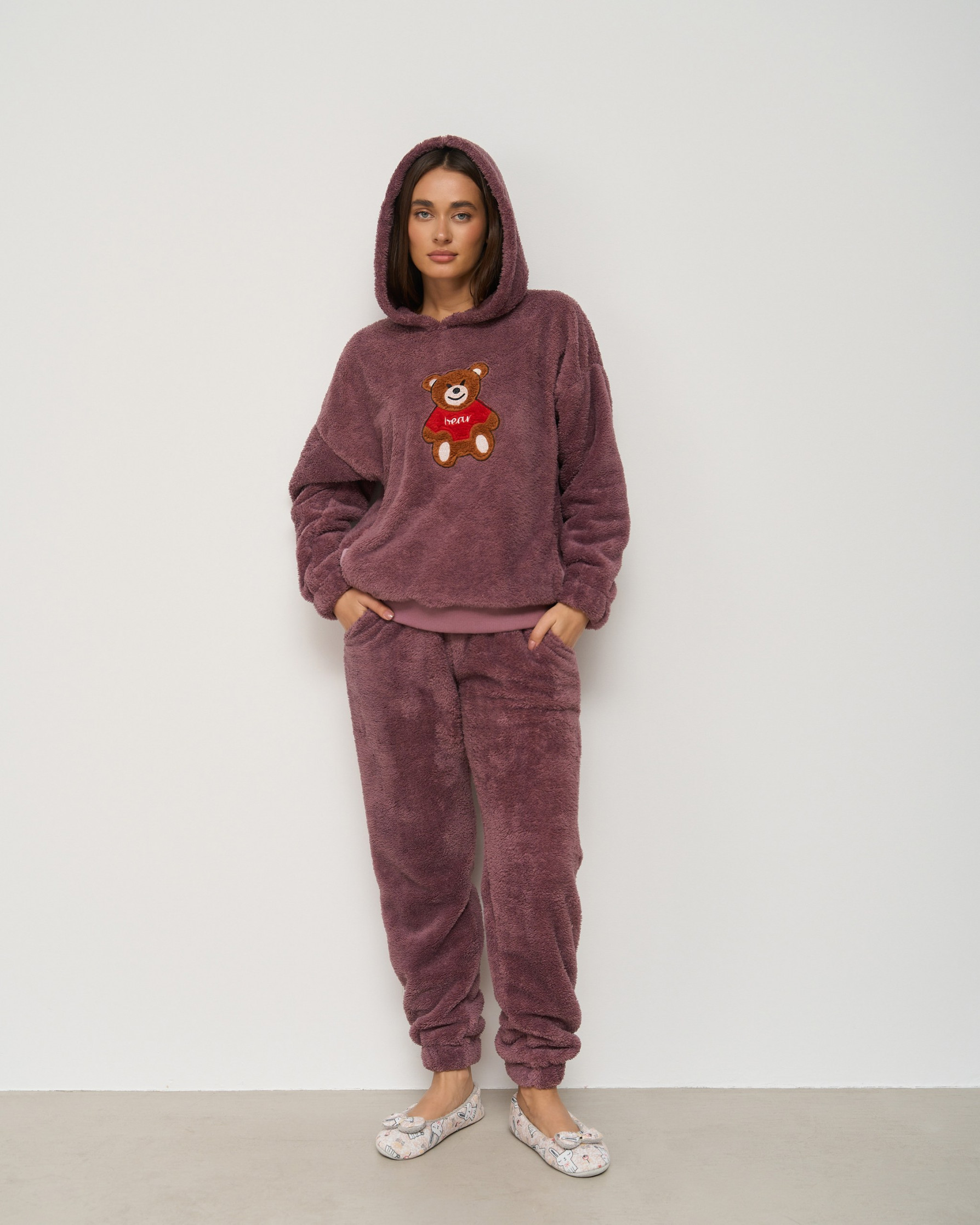 Тёплый женский костюм с капюшоном ВелюрСофт - Мишка Тедди