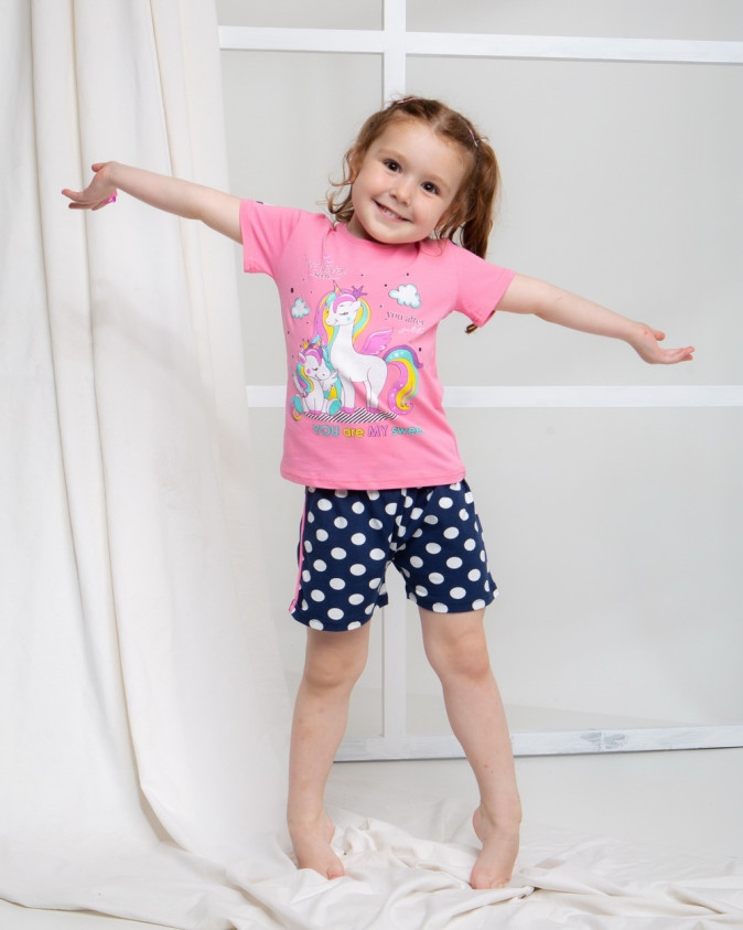 Комплект на дівчинку з шортиками в горох - Єдиноріг