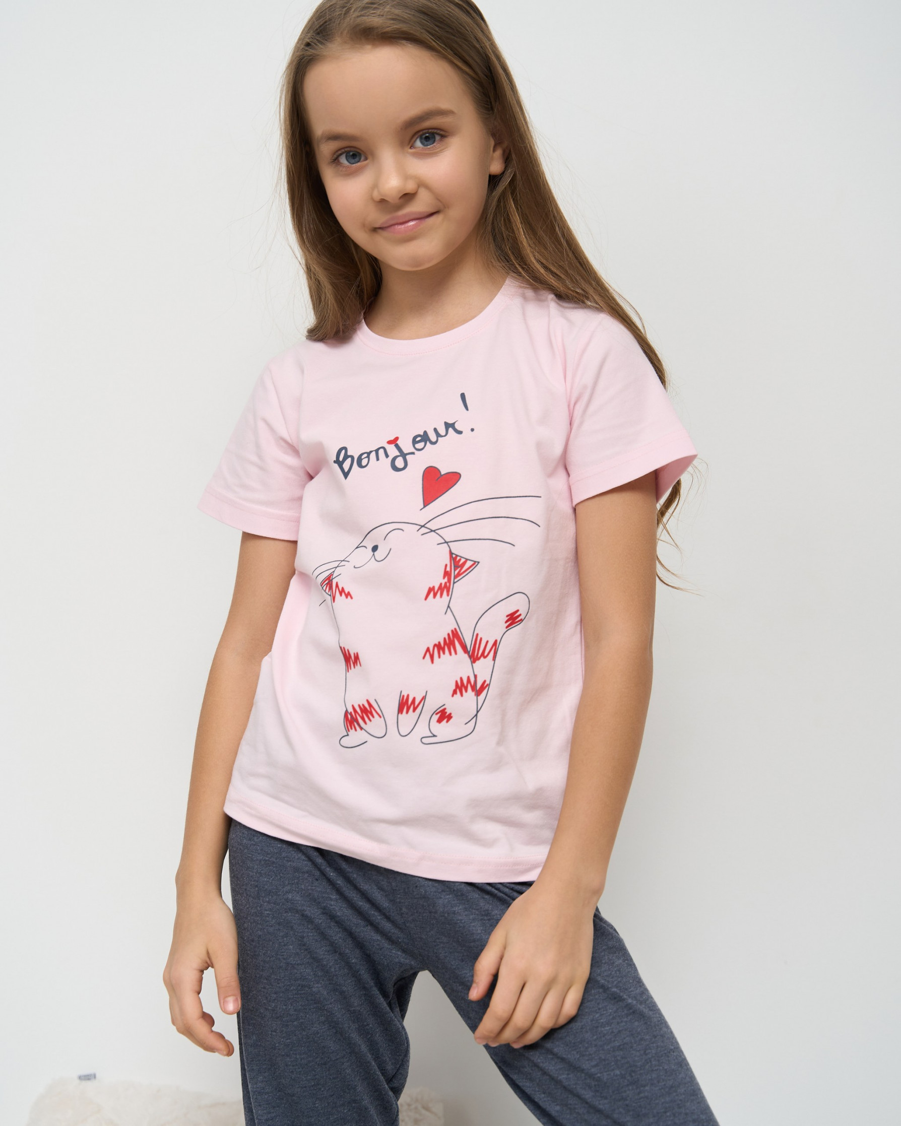 Підлітковий комплект з капрі на дівчинку - Закоханий котик - Family look мама/донька