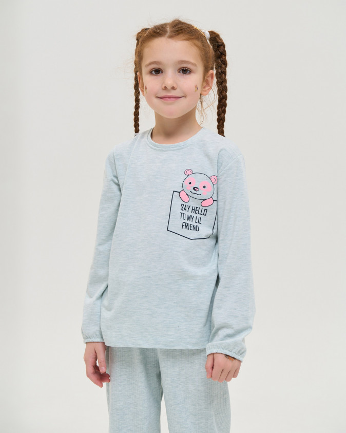 Піжама для дівчинки зі штанами - в рубчик - Ведмедик в кишені