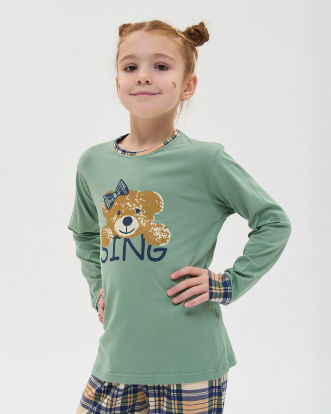 Підлітковий комплект на дівчинку зі штанами в клітинку - Ведмедик