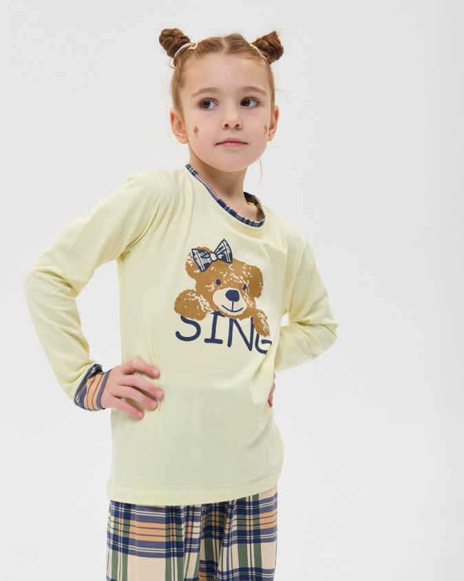 Підлітковий комплект на дівчинку зі штанами в клітинку - Ведмедик