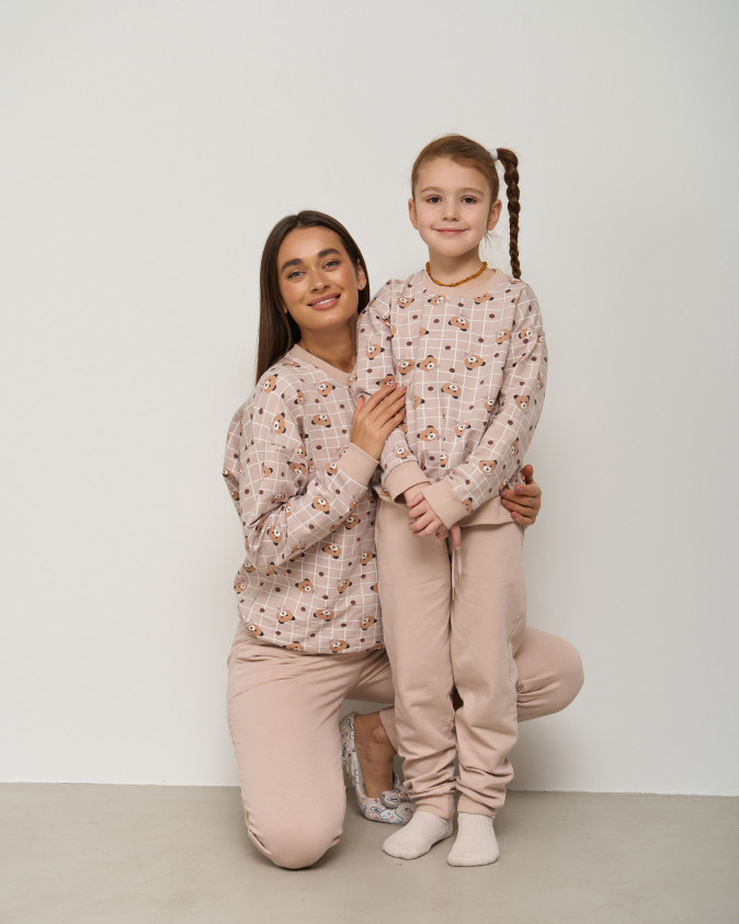 Тёплый комплект на девочку - Байка - мишки Тедди - Family look мама/дочка
