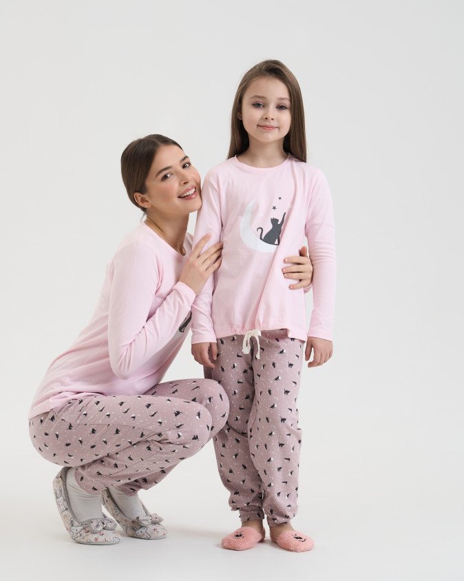 Піжама на дівчинку підлітка Кіт і зірки - Family look мама/донька