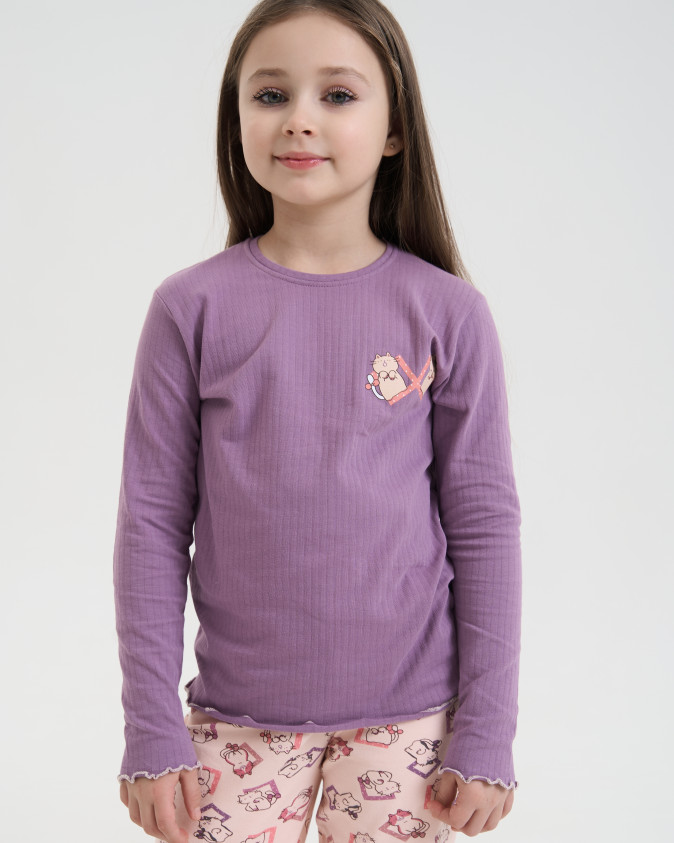 Пижама на девочку-подростка - Котики на штанах- кофта в рубчик - Family look мама/дочка