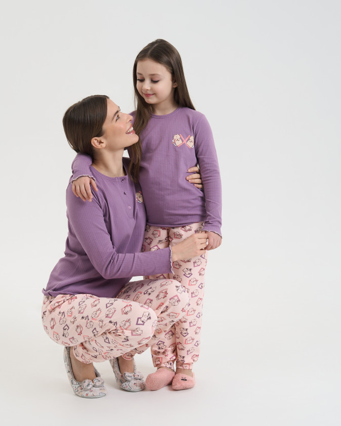 Піжама на дівчинку-підлітка - Котики на штанях - кофтинка в рубчик - Family look мама/донька