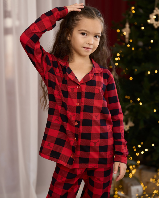 Піжама на дівчинку-підлітка - Червона клітинка з оленем - Family look для родини