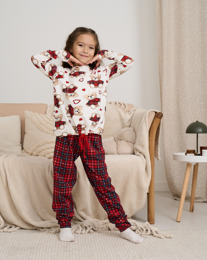 Піжама на дівчинку-підлітка - Ведмедики - кофтинка в рубчик - Family look мама/донька 