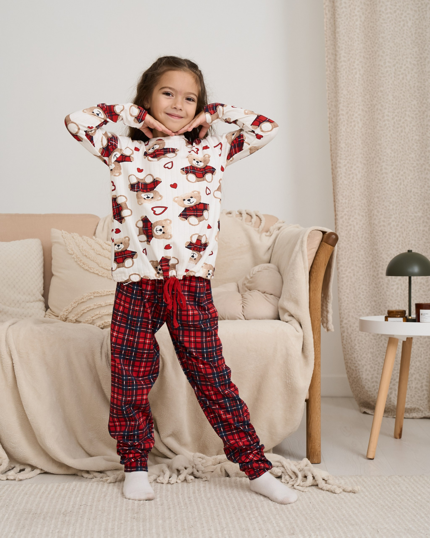 Пижама на девочку-подростка - Медведи - кофта в рубчик - Family look мама/дочка
