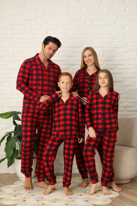 Піжама на дівчинку-підлітка - синьо-червона клітинка - Family look для родини