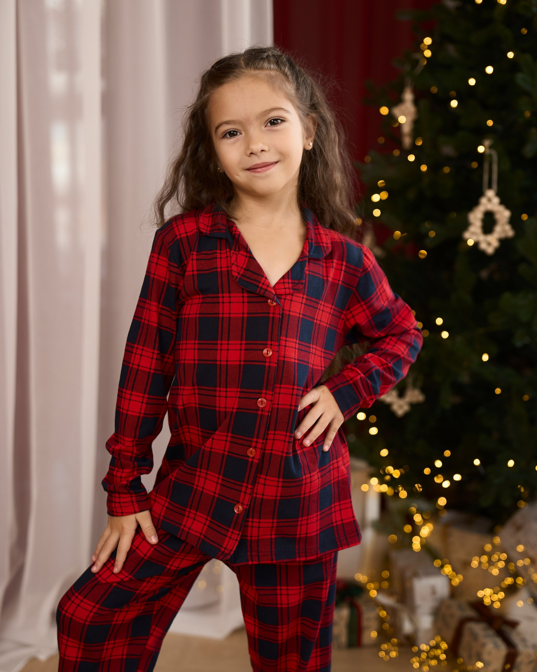 Пижама на девочку-подростка - сине-красная клетка - Family look для семьи