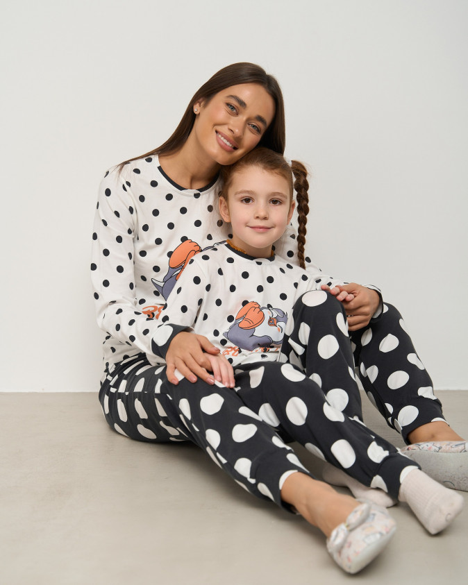 Жіночий комплект зі штанами - Пінгвін - в горошок - Family look мама/донька