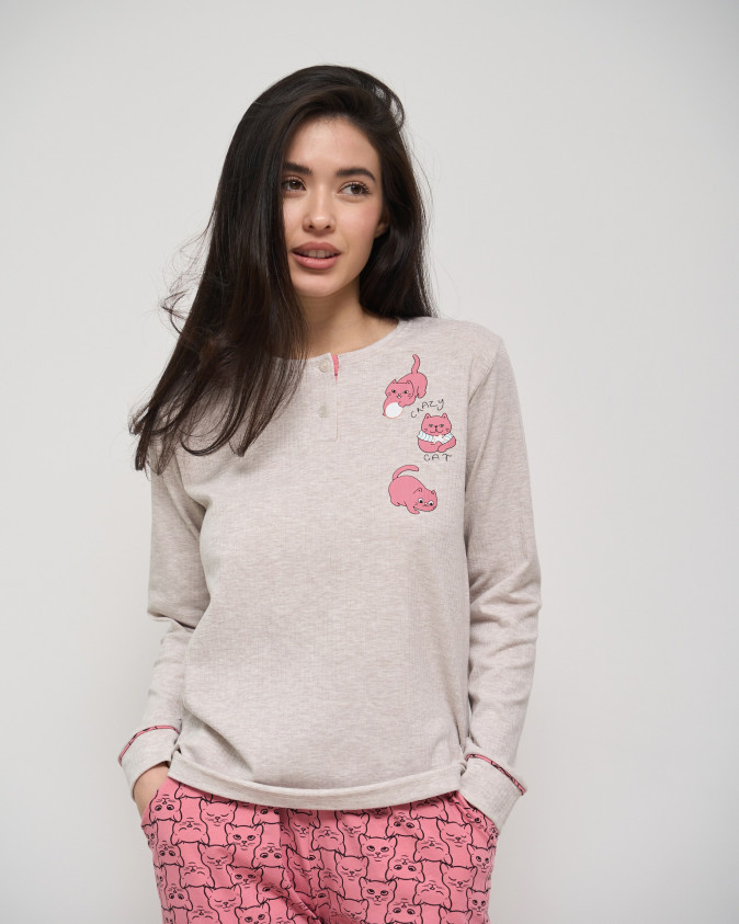 Жіноча піжама зі штанами - котики по штанам - кофтинка у рубчик