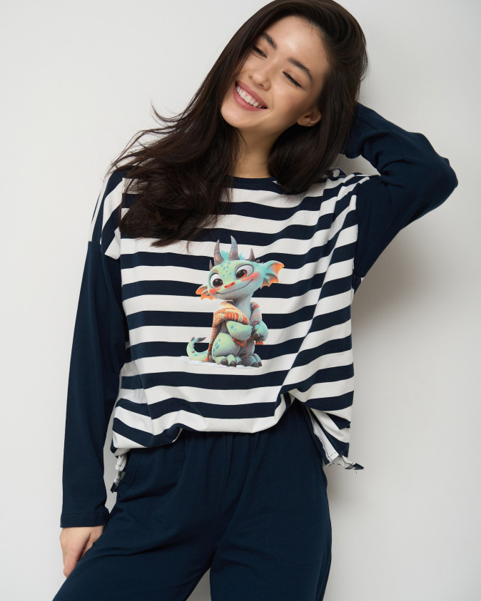 Жіноча піжама у смужку - Дракончик - Family look мама/донька