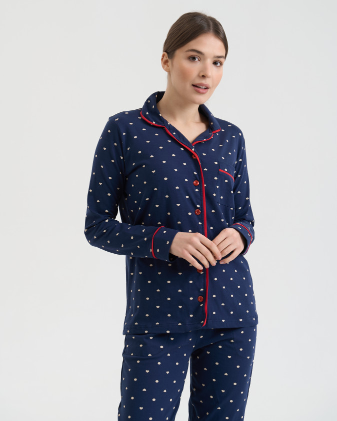 Жіноча піжама зі штанами - на ґудзиках - у горошок та сердечки