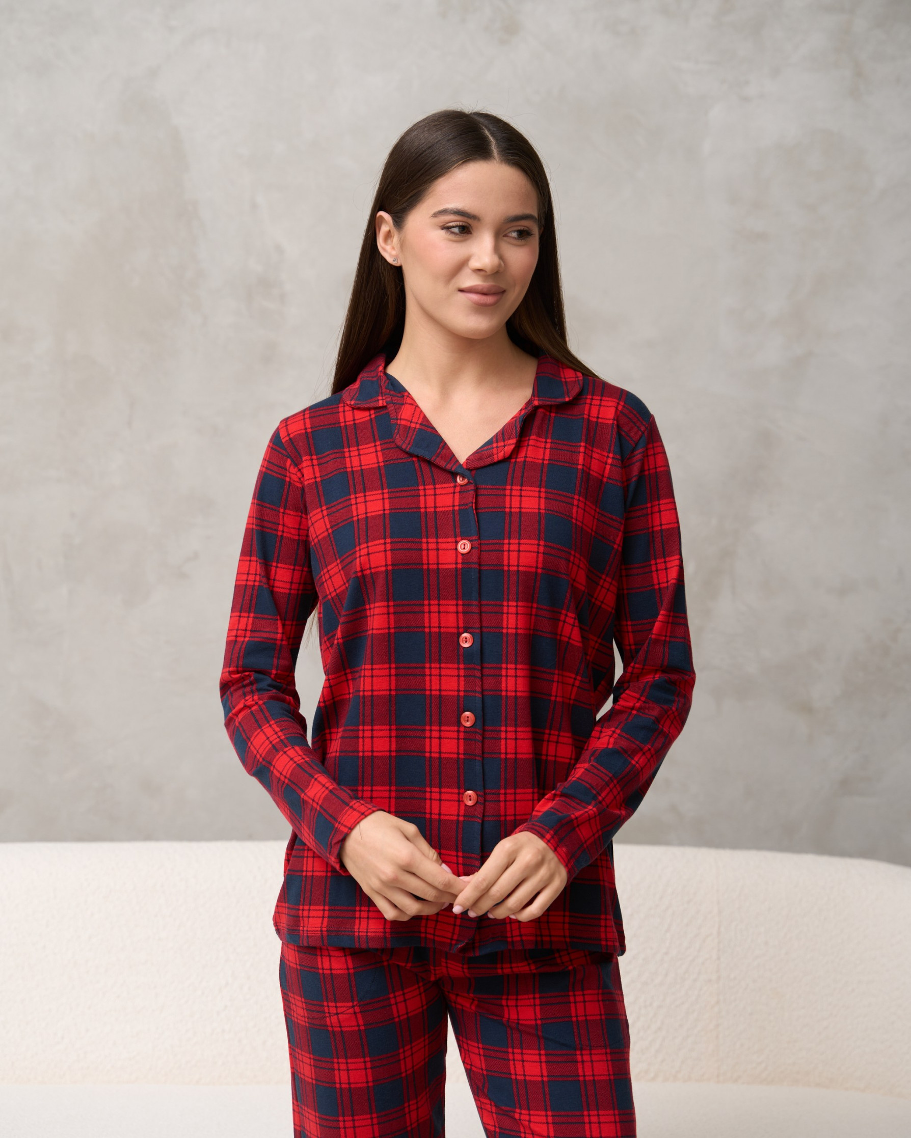 Жіноча піжама на ґудзиках - синьо-червона клітинка - Family look для родини